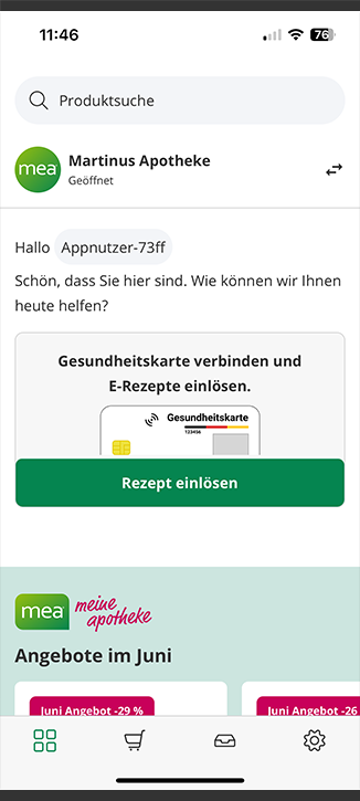 Screenshot der Kundenservice-Chat-Funktion der Martinus Apotheke-App mit Service-Optionen wie Route planen und Benachrichtigungsfunktion.